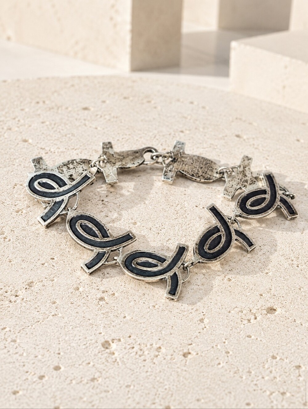 Vintage Taxco Sterling Silver Fish Link Bracelet Eagle 3 Mexico Modernist